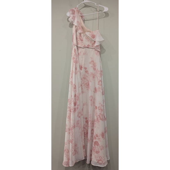 Marchesa Notte Bridesmaid Pink White Floral One Shoulder Flutter Sleeve Dress 6 - Picture 4 of 6